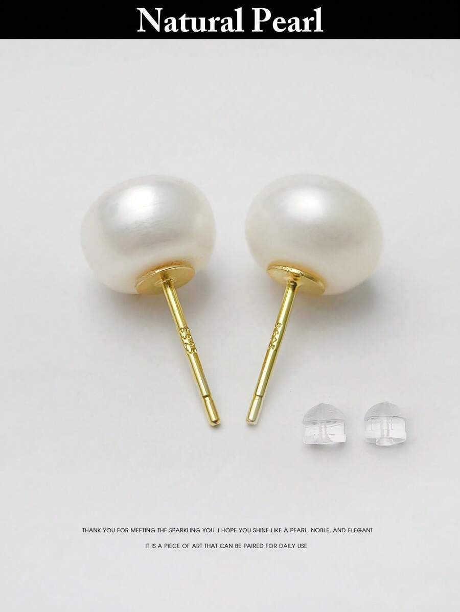 1 Pair 925 Silver Natural Freshwater White Pearl Stud Earrings, Gold Color Jewelry, Personalized Beach Accessories, Holiday Gift For Women