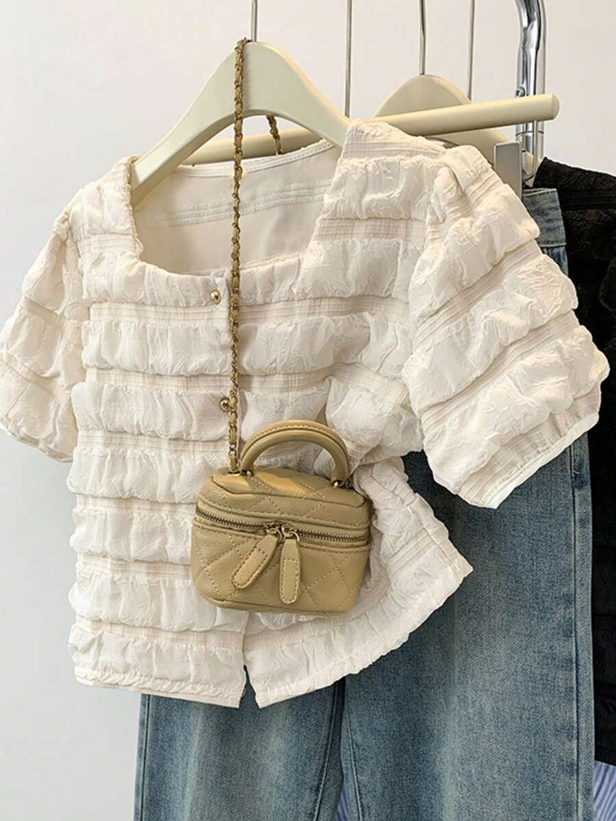 Solid Color Polyester Layered Cake Button Short Sleeve Blouse, Asymmetric Cut, Summer