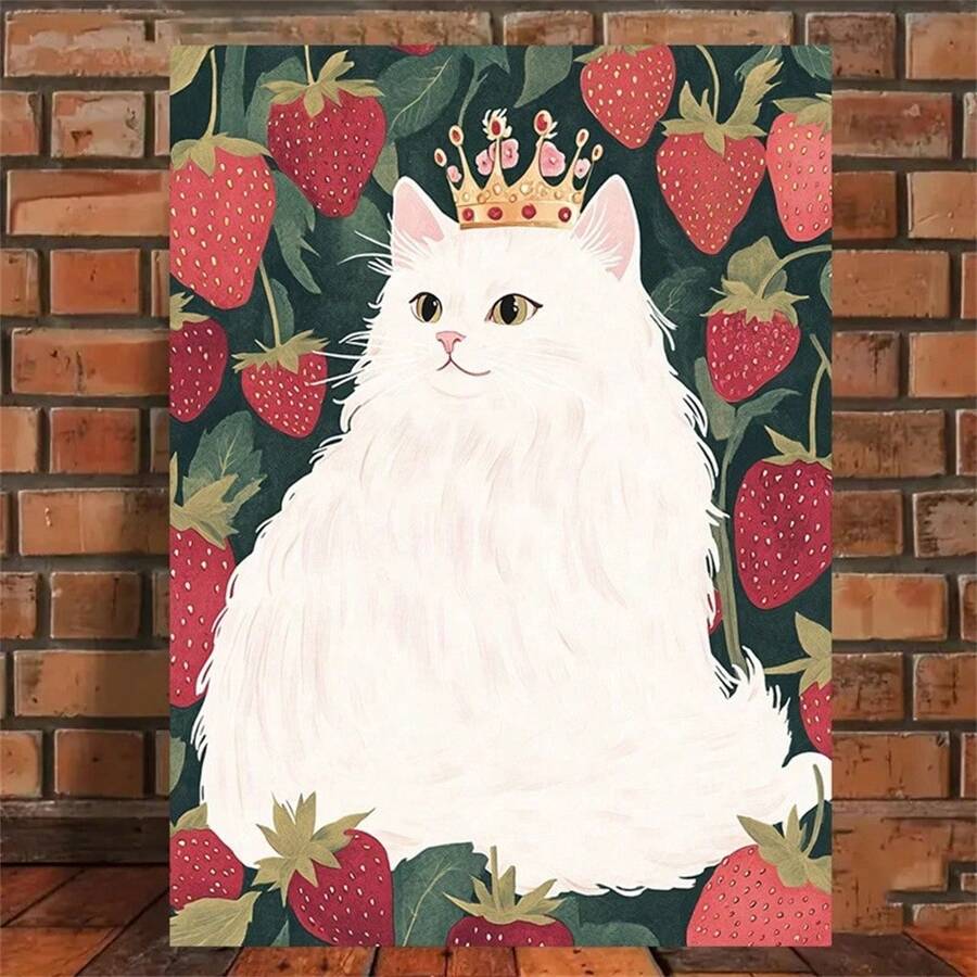 1pc Charming Strawberry Cat Canvas Art – Modern Minimalist Wall Decor With , Whimsical Animal Painting For Living Room, Bedroom, Or Office, Wrapped Canvas Design, High-Quality Print, Perfect Christmas Home Decor, No Frame