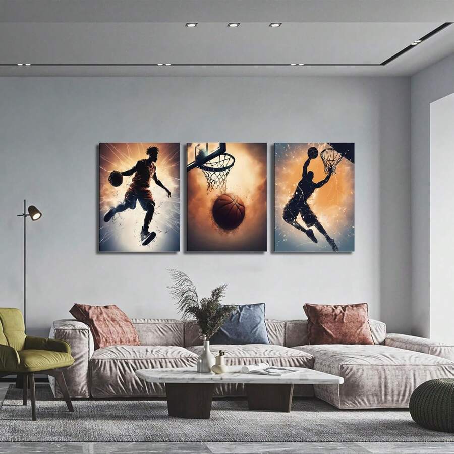 Ensemble de 3 peintures murales sur canevas avec cadre représentant des silhouettes de basketteurs, pour la décoration de la chambre d'ado, du salon, de la salle de bain, de la chambre, de l'hôtel, du Bed & Breakfast, du couloir, du studio, de la salle de classe, du gymnase, de la salle de sport, de la chambre d'enfant, du bureau à domicile. Prêt à accrocher.