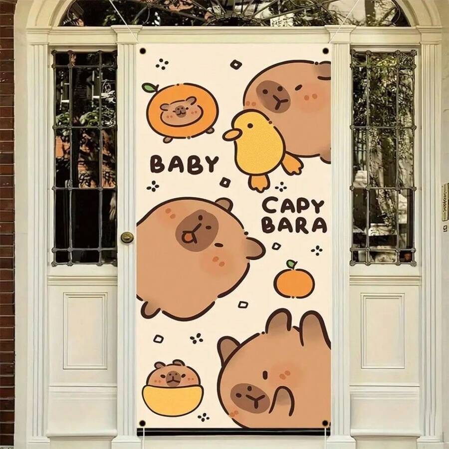 2D Door Banner, 1 Cute Capybara 2D Door Banner Curtain - Party Background, With Cute Brown Capybara Design, Perfect For Home Decoration And Christmas Celebrations, Holiday Decorations | Whimsical Themes | Carefully Crafted Birthday Decorations Tapestry Room Decor Flag Party Decorations
