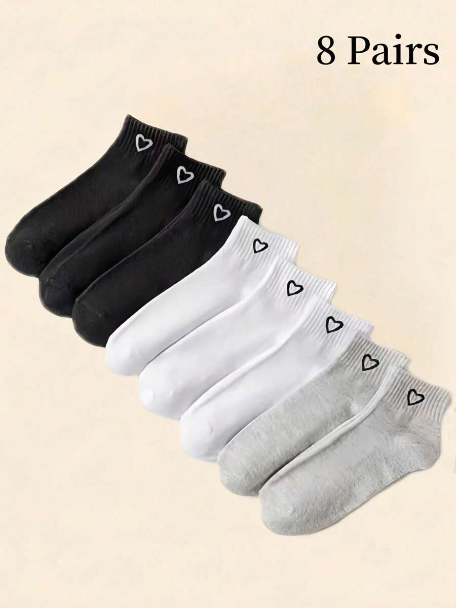 8 Paar Damen Knöchelsocken mit Herz Muster, schwarz/weiß/grau