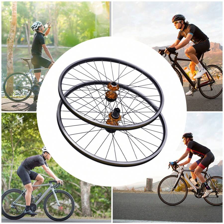 CNCEST Mountain Bike Wheelset, 29 Inch Aluminum Alloy Rim Disc Brake MTB Wheelset, Quick Release Front Rear Wheels Bike Wheels, Double Six-Hole Disc Fit 7-12 Speed Cassette Bicycle Wheelset (Gold)