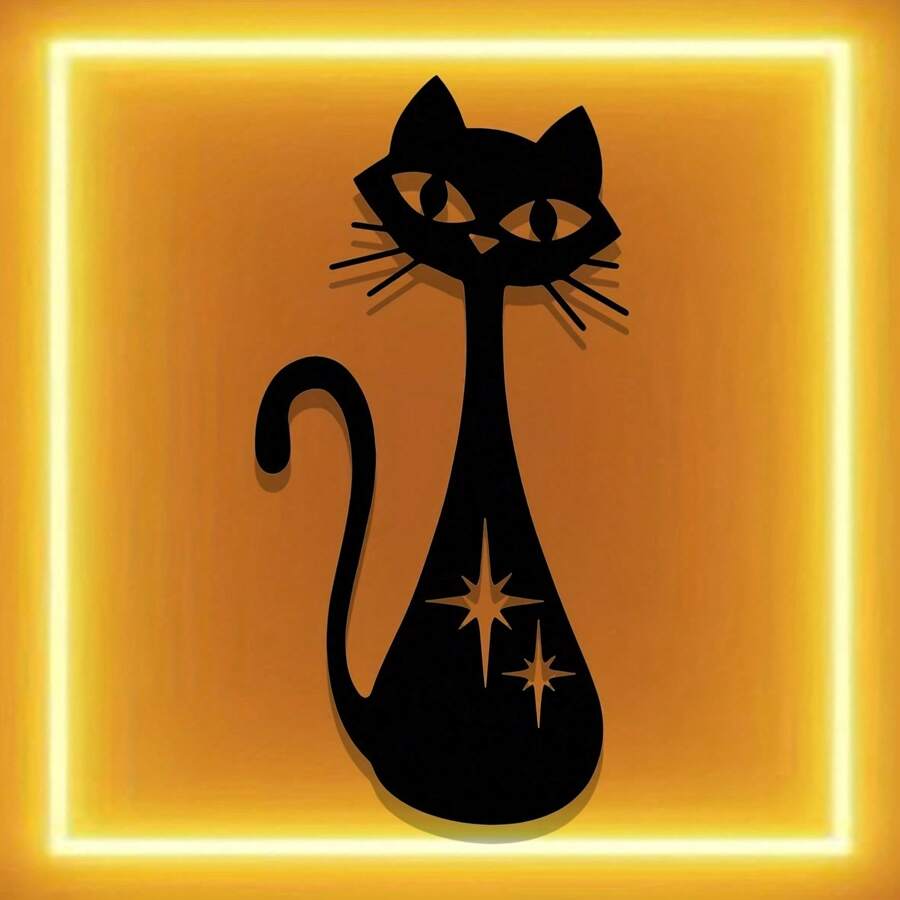 2D flache vintage atomkatze metallwandkunst mid-century modernes eisendekor sternmuster design, wohnzimmer schlafzimmer büro café wanddekor, einweihungsgeschenk valentinstag st. patrick's day ostern, geeignet für moderne heimdekoration