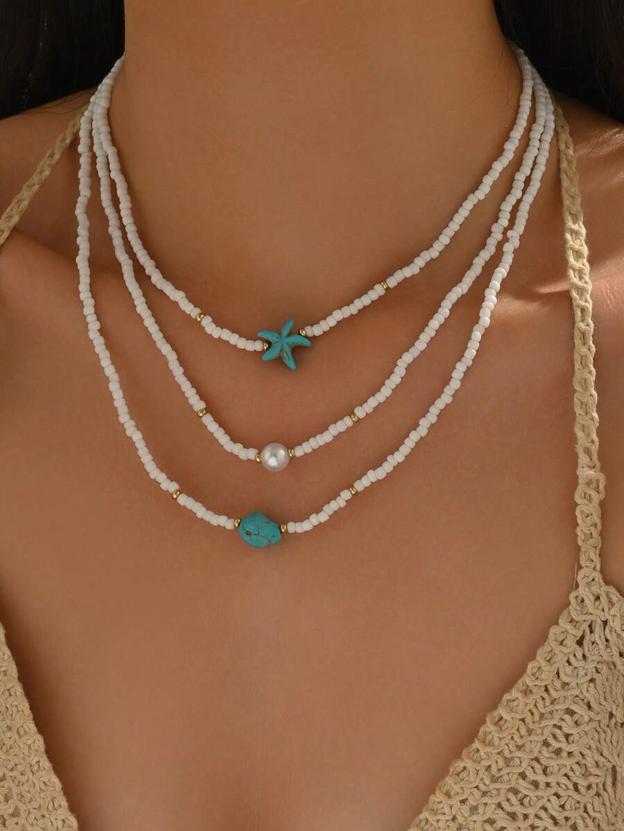Set de 3 collares largos multicapa con cuentas y colgante de estrella de mar de vidrio, estilo bohemio, adecuado para que las mujeres los usen en vacaciones en la playa