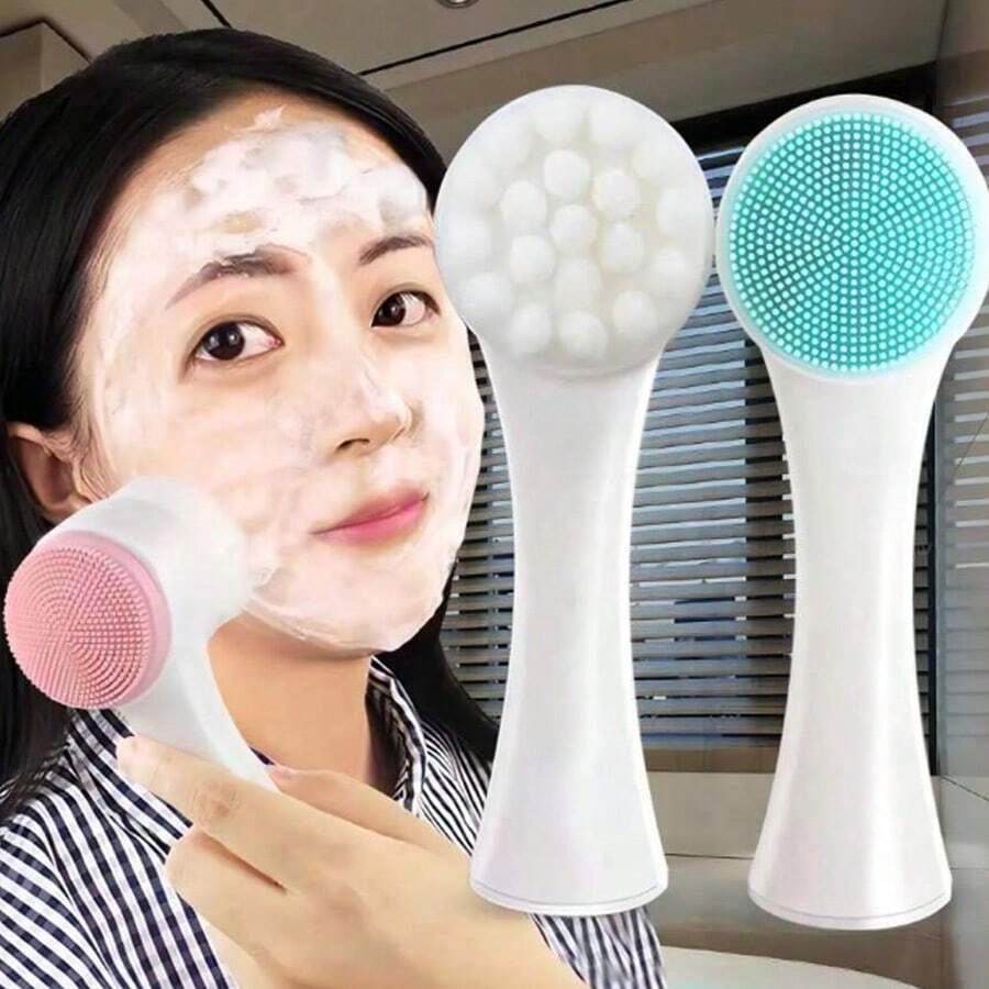 Multi Functional Double-Sided Manual Face Brush With Soft Fiber Bristles For Daily Room Temperature And Cleaning. Silicone Brush Head For Deep Exfoliation Massage. Handheld Ergonomic Stand Up Handle Cleanser Helps Remove Cosmetic Impurities And Refine Pores. Suitable For All Skin Types. Essential Beauty And Skincare Program Accessories For Men And Women. White Brush Body Standing Design