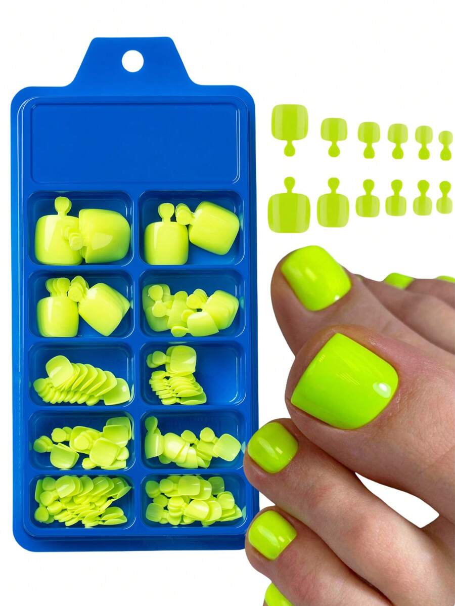 120 Pcs Glossy False Toe Nails 12-Sizes /Box Fluorescent YellowPress On Nails Full Cover Short Square Fake Toenails Artificial Acrylic Pedicure Tips For Women Girls,,Yellow Toenails
