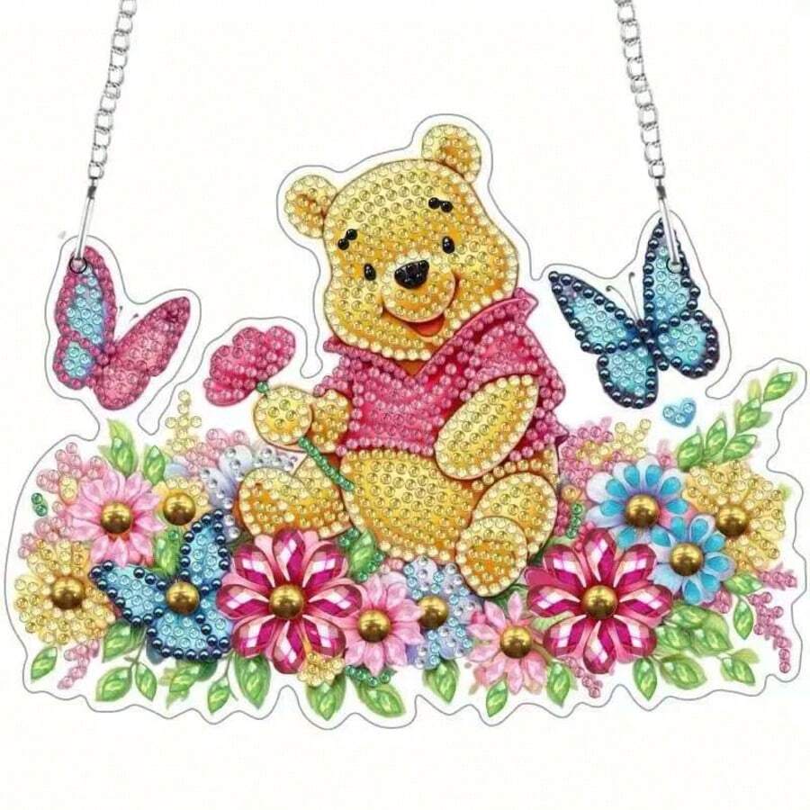 Kit de pintura de diamantes con estampado plano 2D de Winnie el Oso de Disney y Stitch, corona de flores de acrílico, colgante de mariposa con cristales de forma irregular, usado para decoración del hogar