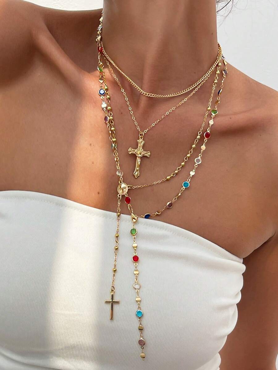 Set di 4 collane vintage in metallo dorato a forma di croce di Gesù a Y, set di collane con ciondolo in cristallo colorato, adatte per uso quotidiano e vacanze, regalo per amici (il colore e la quantità dei cristalli potrebbero variare rispetto all'articolo reale)