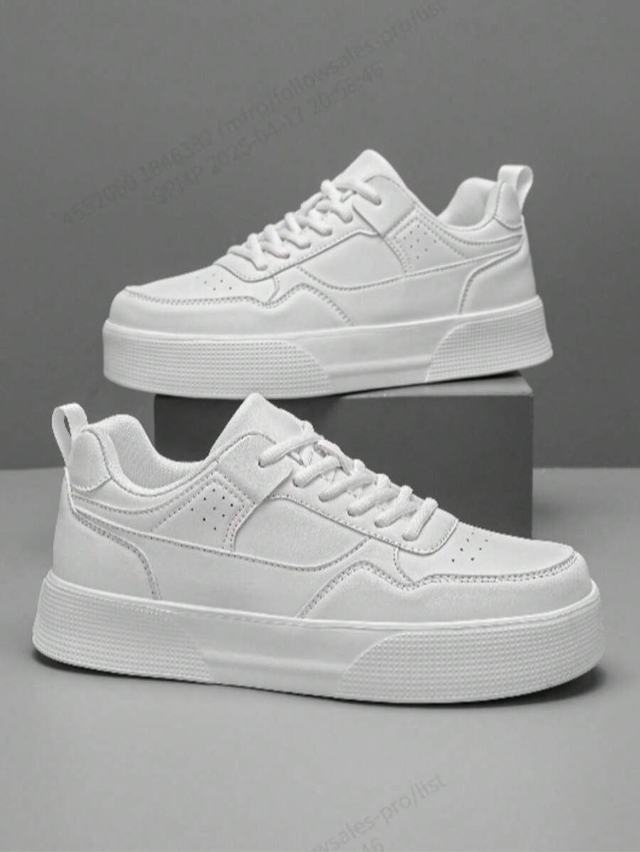 Sapatos Casuais Outdoor Confortáveis e Versáteis de Couro Branco Puro com Efeito de Emenda para Casal, Elegantes e Simples, Plataforma Alta Juvenil, Sola Plana Esportiva Absorvente de Impacto, Sapatos Brancos