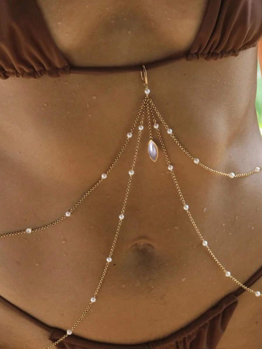 1 peça de corrente metálica sexy para biquíni com decoração de pérolas falsas na cintura, joia para festa em boate