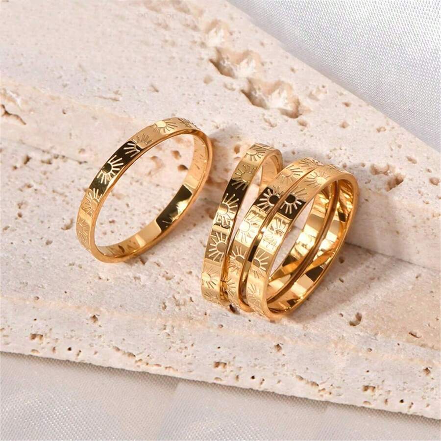 1 pièce Bague en acier inoxydable avec motif tournesol, placage en titane 18 carats fin