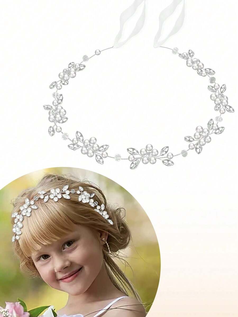 1pc Flower Girl Headpiece, Flower Girl Hair Accessory, Silver Wedding Headband For Girls, Princess Crystal Pearl Hair Accessories For Birthday, Party, First Communion,Wedding