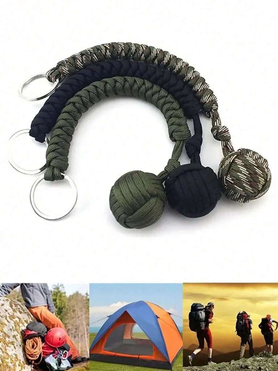 1pc Steel Monkey Fist Self-Defense Keychain With Braided Umbrella Rope For Outdoor Safety And Protection Camping Camping Stuff