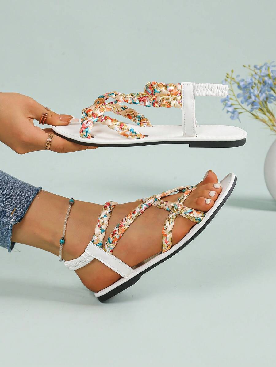 Women's Flat Sandals, White Round Toe Woven Strap Fashion Sandals, Roman Style Elastic Band Comfortable Slip-On Sandals, Suitable For Vacation, Travel, Shopping, Dating, Beach