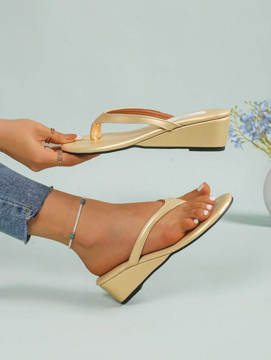 Women's Thick-Sole Wedge Thong Sandals, Fashion Slip-On Slippers Suitable For Travel, Beach, Date, Shopping, Party