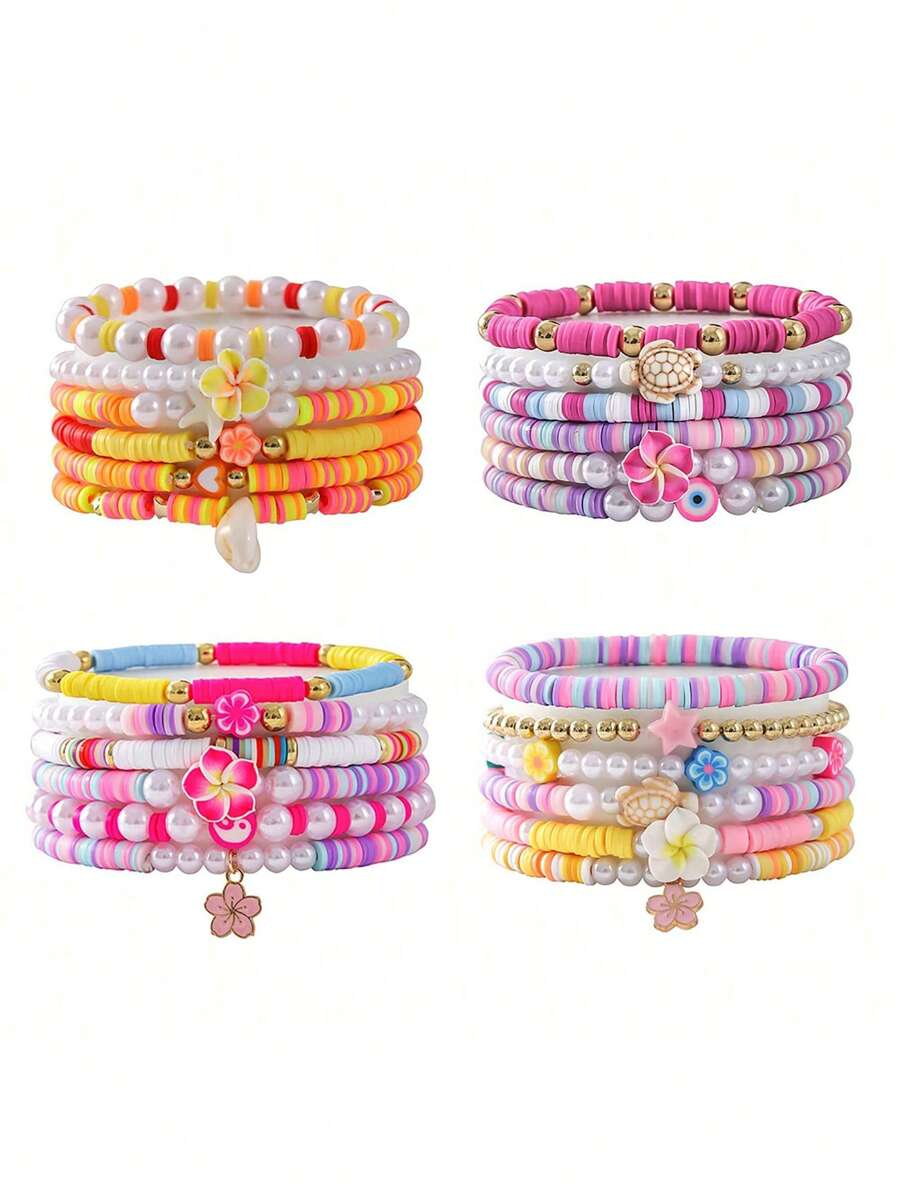 6pcs/Set Cute Multi-Color Resin Faux Pearl CCB Bead Shell, Starfish, Turtle, Ocean Element, Devil's Eye, Flower, Pentagram Bracelet Set, Suitable For Women Daily Wear And Gift