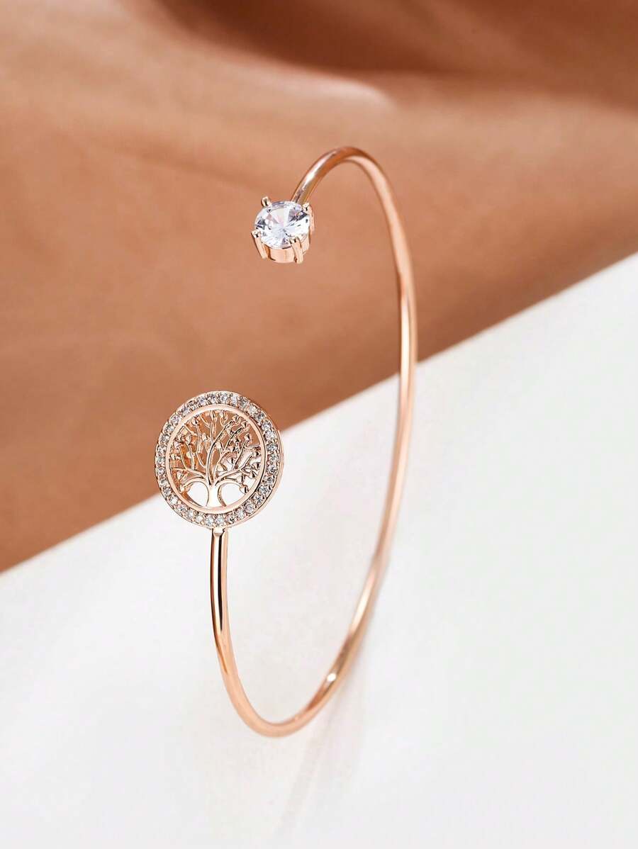 1 pieza Brazalete versátil de color oro rosa con diseño de árbol de la vida, brazalete ajustable para mujeres