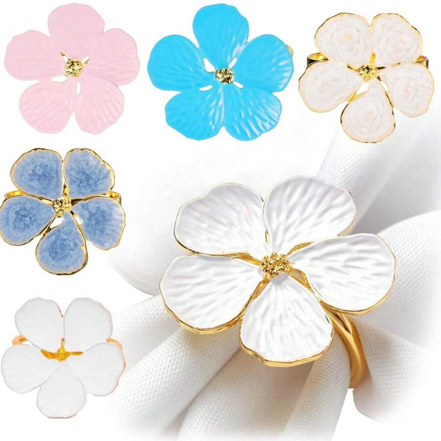 Elegant White Flower Napkin Rings Set Of 2, Floral Gold Napkin Holders For Daily Table Parties,Birthday Parties,Weddings, New Year's, Christmas, Thanksgiving, Valentine's Day, Ornaments