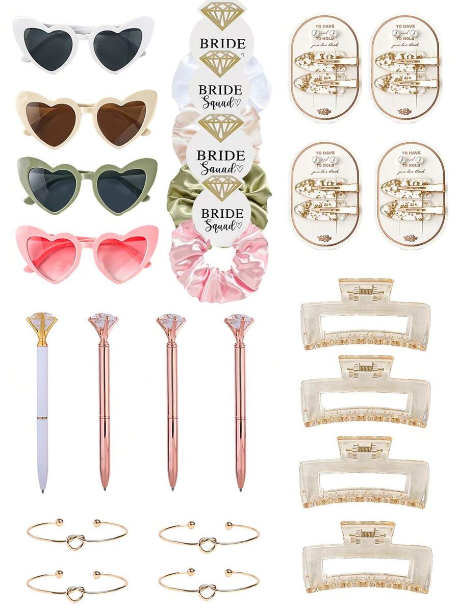6-Piece Bridesmaid Proposal Gift Set: Champagne Satin Soft Scrunchies, Bride-To-Be Hair Clips, Heart-Shaped Sunglasses, Diamond Pen, Square Hair Claw Clips, Fashion Gift For Girls, Wedding Party