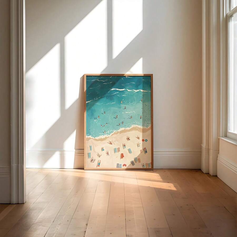 1pc Minimalist Beach Scene Wall Art - Summer Ocean Poster With Colorful Tiny People Swimming, Aerial Beach View Print On Canvas, Frameless Coastal Decor For Living Room, Bedroom, Or Bathroom, Indoor Decoration, Beach Theme Decor