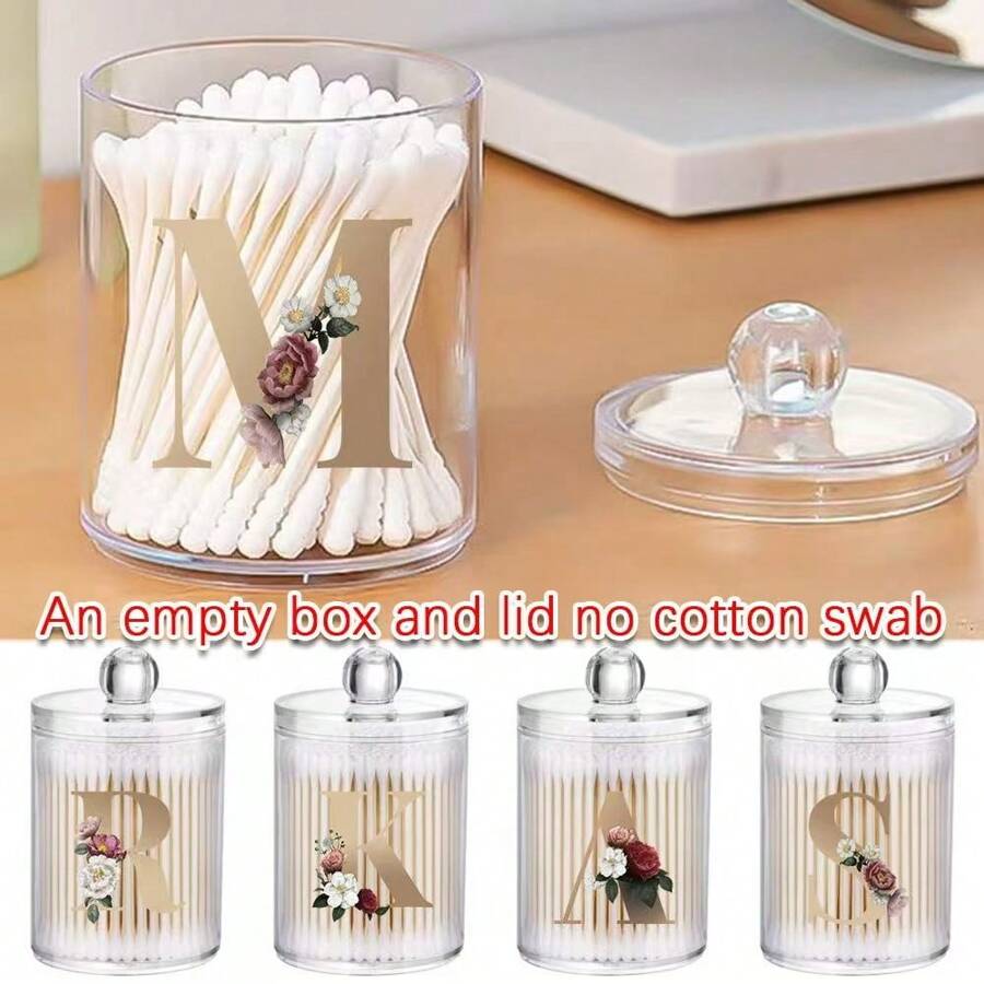 1pc Transparent Round Storage Jar With Lid Swab Holder Cotton Ball Organizer Apothecary Jars Bathroom Storage Organizer Clear Bathroom Storage Jars Vanity Storage Organizer For Cotton Swab Ball Pads Floss Initial Name 26 Letters Pattern