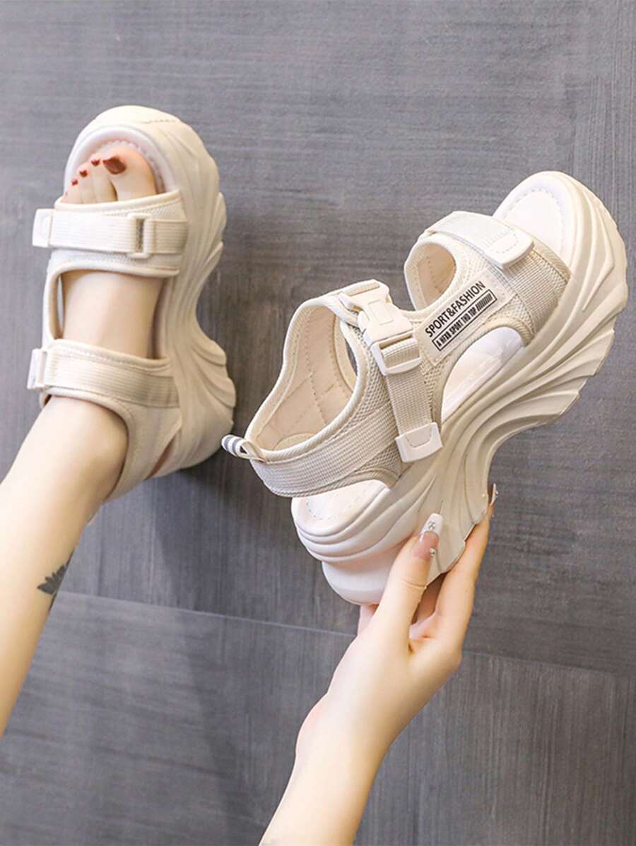 Women's Summer Wedge Thick-Sole Sport Sandals, Hook And Loop Strap Letter Pattern Casual Student Flat Sandals