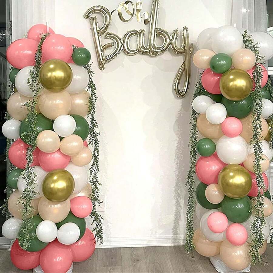 Juego de 128 piezas Arco corona decoración de fiestas Globos, combinado de 5/10 pulgadas, que incluye rosa retro, verde gris, blanco, color nude, dorado metálico, adecuado para cumpleaños, decoraciones de fiestas, ceremonias de graduación, compromisos, decoraciones de boda, fiestas de baby shower, fiestas de revelación de género, decoraciones de despedidas de soltero, decoraciones de fiestas campestres | Globos de látex de alta calidad