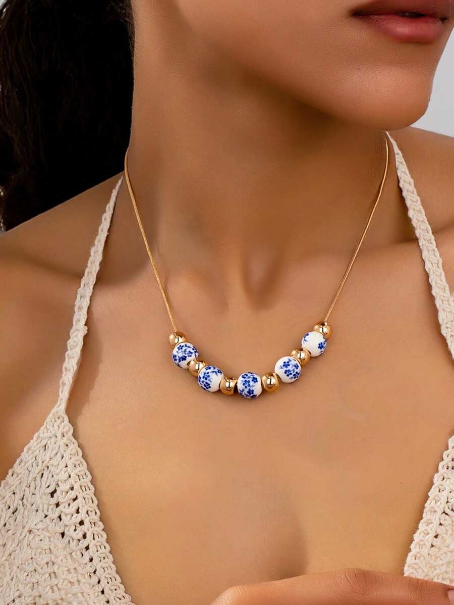 1 Stück Modischer minimalistischer blau-weißer Porzellan-Blumen-Anhänger-Halskette für Frauen, Vintage Boho