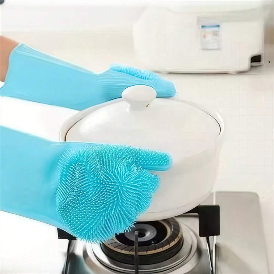 Silicone Dishwashing Gloves - Waterproof & Heat Resistant Kitchen Cleaning Gloves With Built-In Scrubbing Brush - Extra Thick, Durable & Comfortable, Suitable For All Household Work, Multi-Size Gloves | Flexible Cleaning Gloves | Heat Resistant Gloves