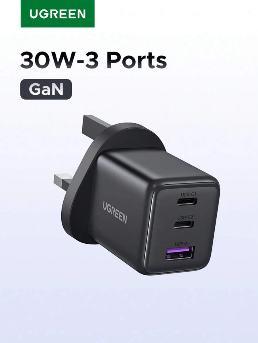 UGREEN شاحن جداري متعدد المنافذ متوافق مع أجهزة 16 15 14 برو ماكس، بقدرة 30 واط من نوع USB-A وC وتقنية GAN محول مناسب للسفر والمكتب والإقامة والمنزل
