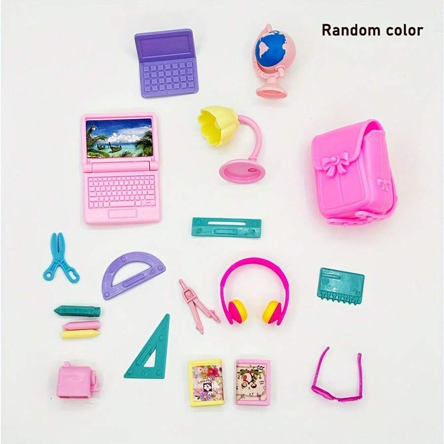 19 Pcs/Set Mini Doll House Accessories Dolls Learning Backpack Computer Lamp Ruler Earphone Toys, Suitable For 11.5 Inch/30cm Dolls, Early Educational