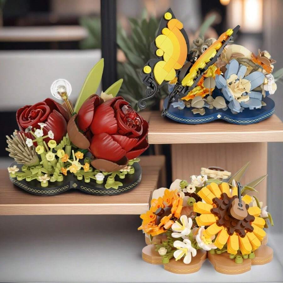Set de bloques de construcción de flor eterna, ornamento de escritorio, juguetes de bloques de construcción DIY para niños y niñas, apropiado como ornamento de escritorio o como regalo para amigos, Navidad, Pascua, Acción de Gracias, regalos de cumpleaños