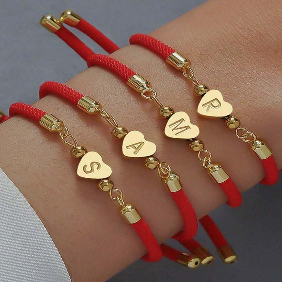Bracelete de Corda Vermelha, Preta e Rosa Ajustável em Comprimento com Formato de Coração e Letras Iniciais de A a Z Revestido a Ouro 18K em Aço Inoxidável Titânio para Mulheres e Meninas