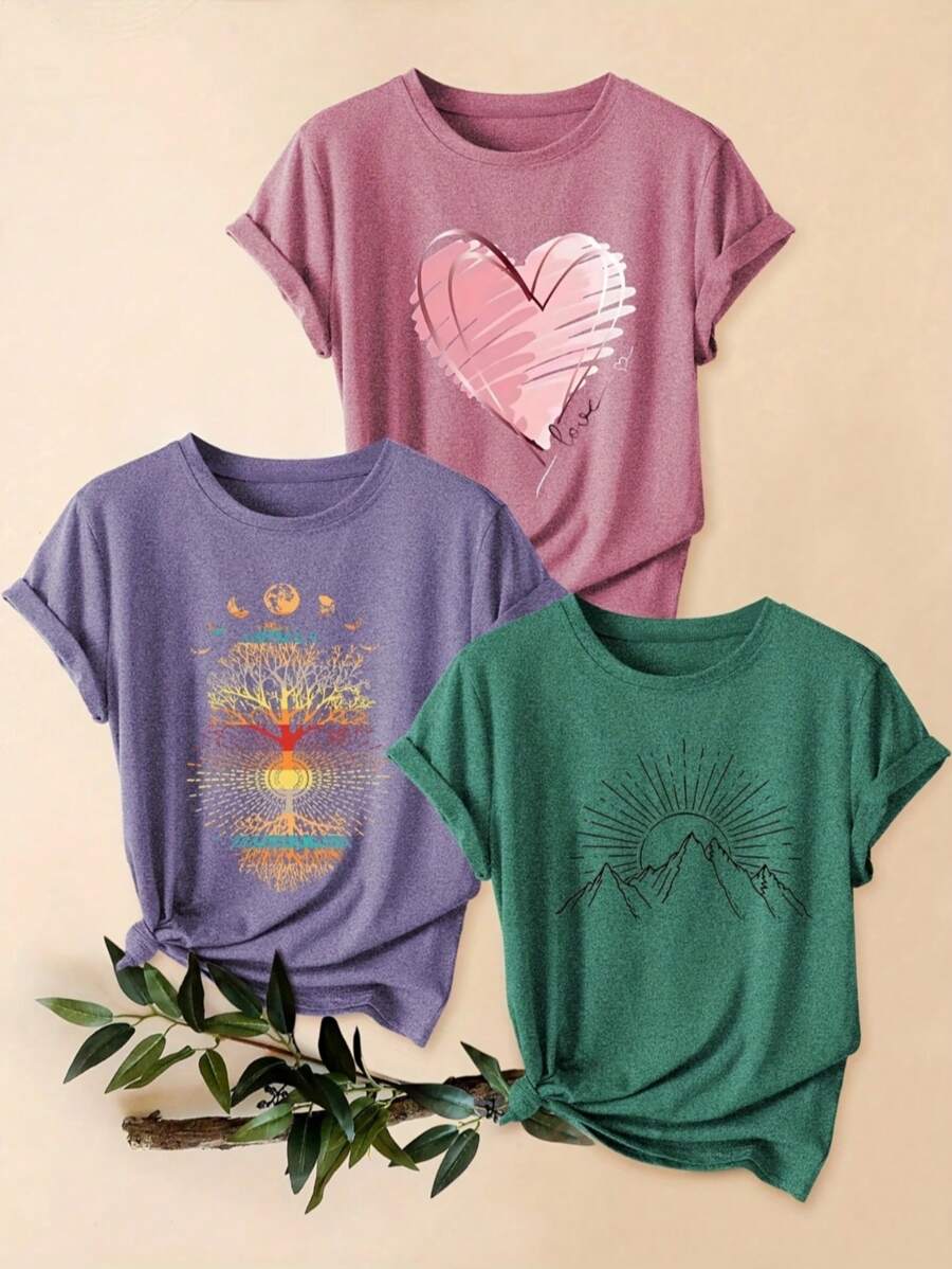 3pcs Vintage Sun Tree Mountain Print Women's Casual Sports Tees - Crew Neck, Short Sleeve, Stretchy & Machine Washable