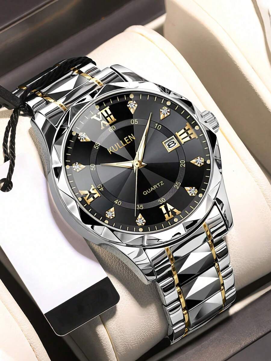 Reloj de cuarzo casual y de negocios para hombres con calendario, con correa de acero inoxidable. Adecuado para decoración de la vida diaria y regalos navideños.