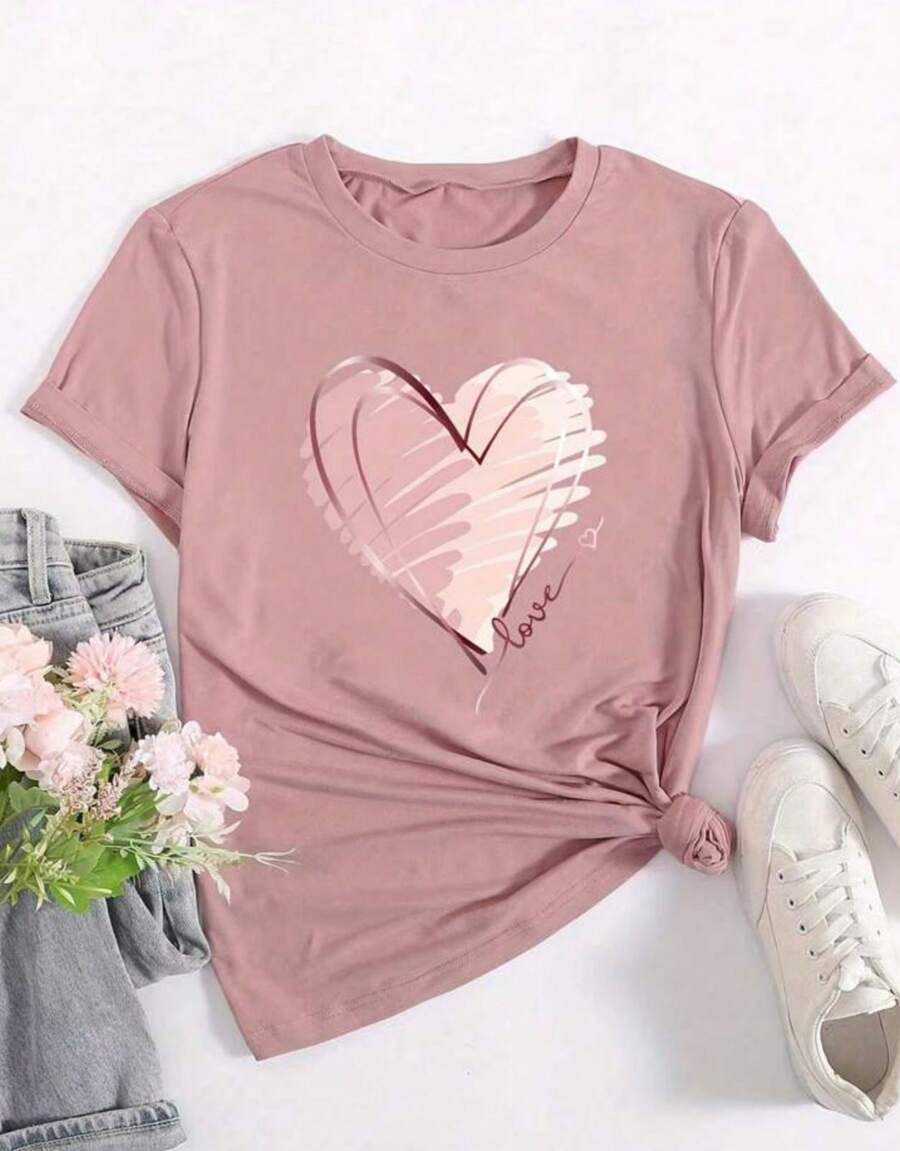 Camiseta Casual de Estampado de corazon cdmx - Mezcla de Poliéster y Spandex Suave, Cuello Redondo, Manga Corta, Lavable a Máquina