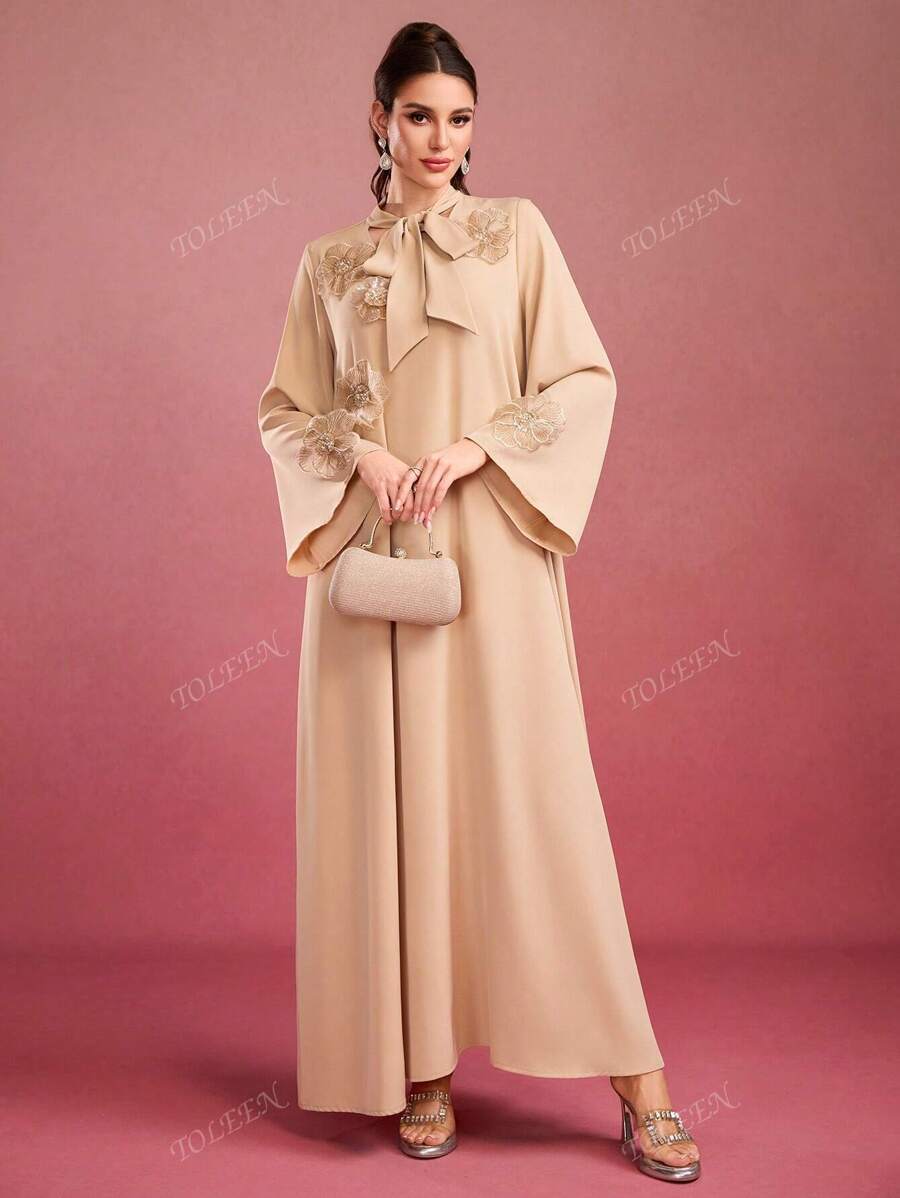 Women's Solid Color Flounce Collar, Handmade 3D Floral Decor, Long Sleeve Maxi Elegant Arabian Dress