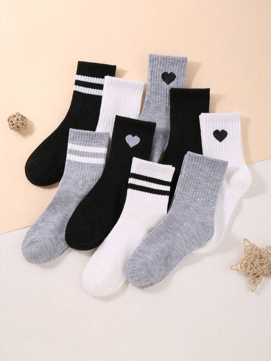 9 pares de calcetines cortos para niños y niñas de color negro, blanco y gris con barras dobles, corazón y unicolor, adecuados para el atuendo diario en cualquier época del año