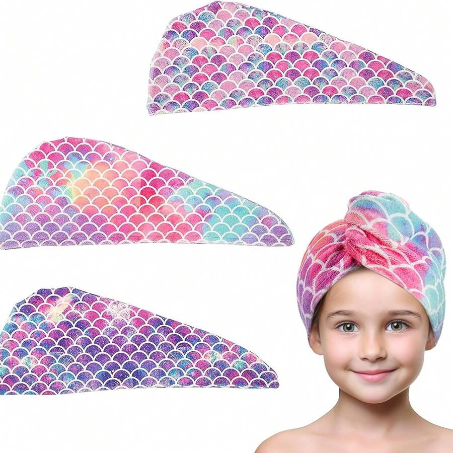 3 Packs Girls' Microfiber Towels, Suitable As Children's Gift - Soft & Absorbent, Quick Drying, Good For Girls' Hair Wraps & Turbans, Anti-Frizz, Ideal For Thick Curly Long Hair