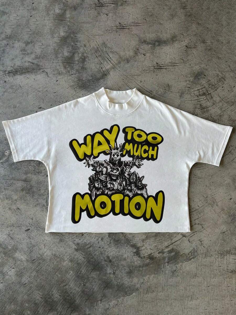 T-shirt à col ras-du-cou manches courtes coupe ample imprimé "Way Too Much Motion" pour hommes, décontracté, été