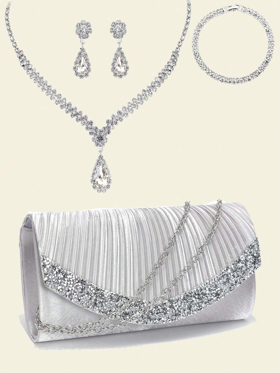 Glitter Women Clutch Purple Color Fashion Lady Evening Bags Party Wedding Chain Shoulder Envelope Design Shoulder Box Purse With Elegant Rhinestones Necklace Earrings Bracelet Jewelry Set For Wedding Bridal, Prom Bag For Party