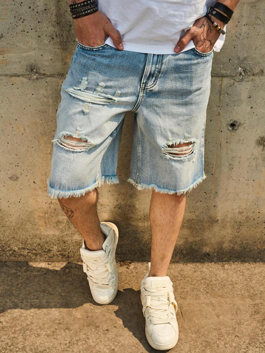 Light Blue Distressed Denim Shorts For Men, Loose Straight Leg Casual Shorts, Summer