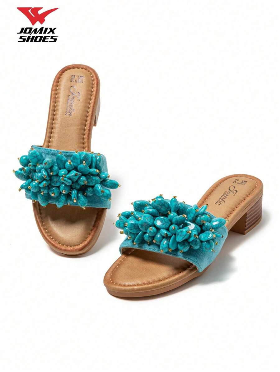 JOMIX Ciabatte con tacco basso da donna con sandali con tacco basso alla moda, in pelle con decorazioni in pietre preziose, lucide, alla moda, comode e leggere, adatte per l'abbinamento estivo.