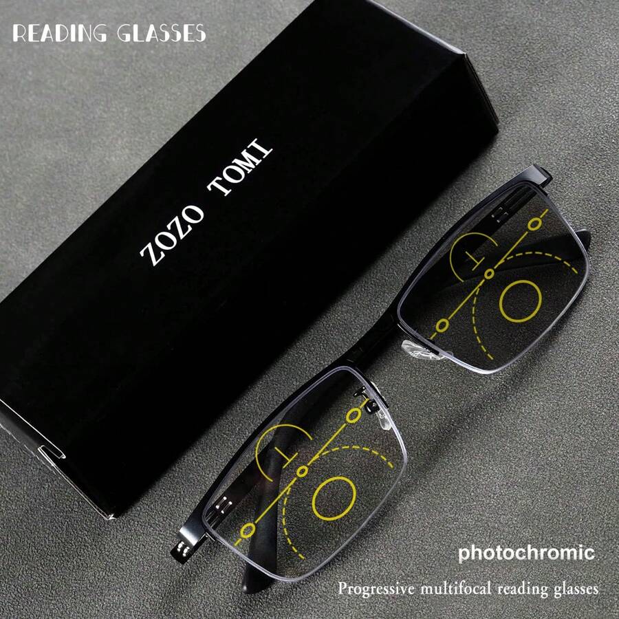 Progressieve multifocale fotochromatische leesbril, TR metalen halfrand flexibel montuur, lichtgewicht, unisex