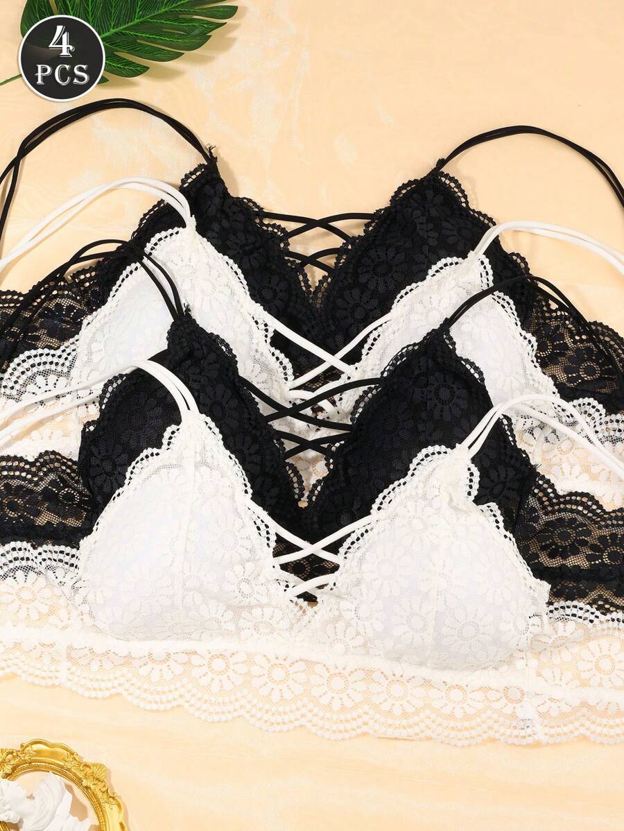 4pcs Women's Casual-Comfortable Minimalist-Pastoral Wireless/No Underwire Removable Padding Knit Fabric Low Support Triangle Cup Bras