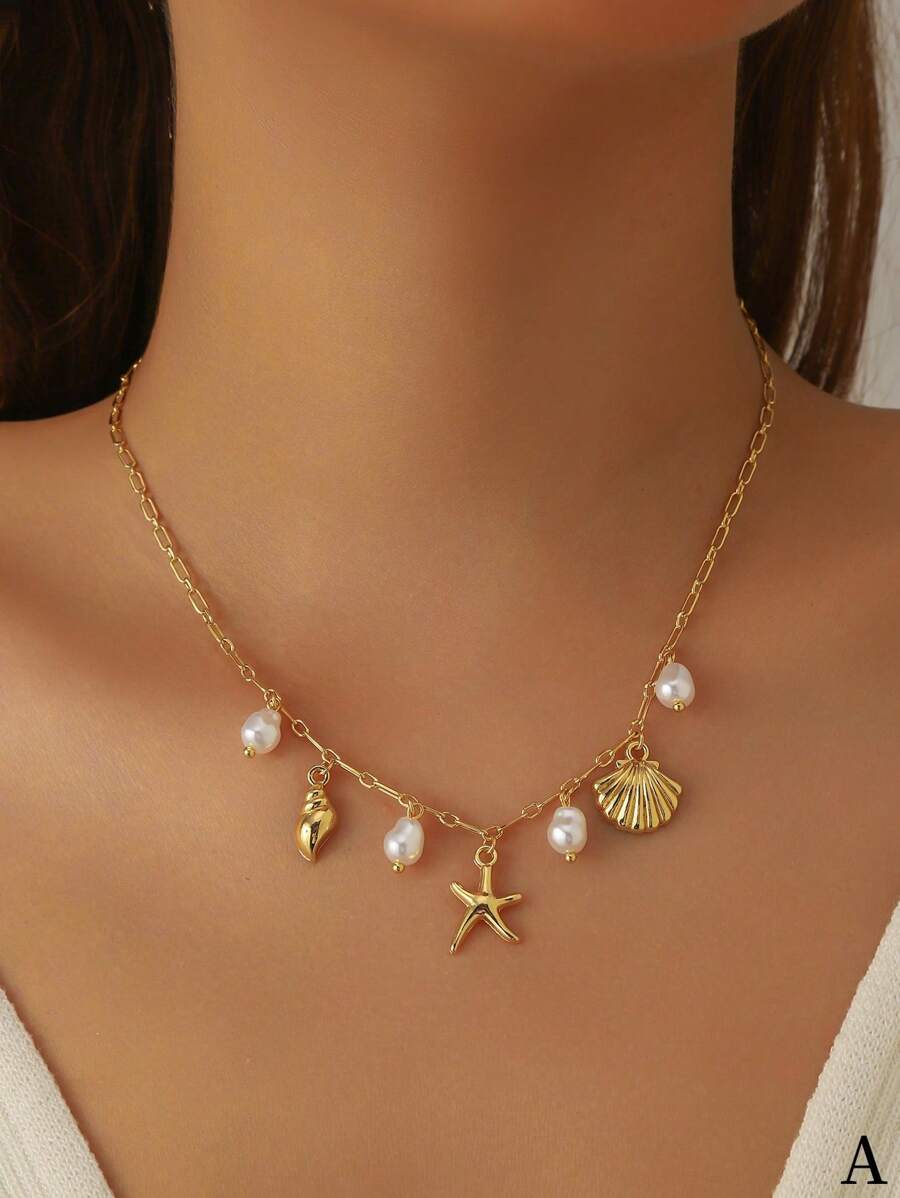 1-2pcs Starfish Shell Pearl Deco Women Summer Necklace, Beach Vacation Gold Necklace, Gift For Her, Mom Gift