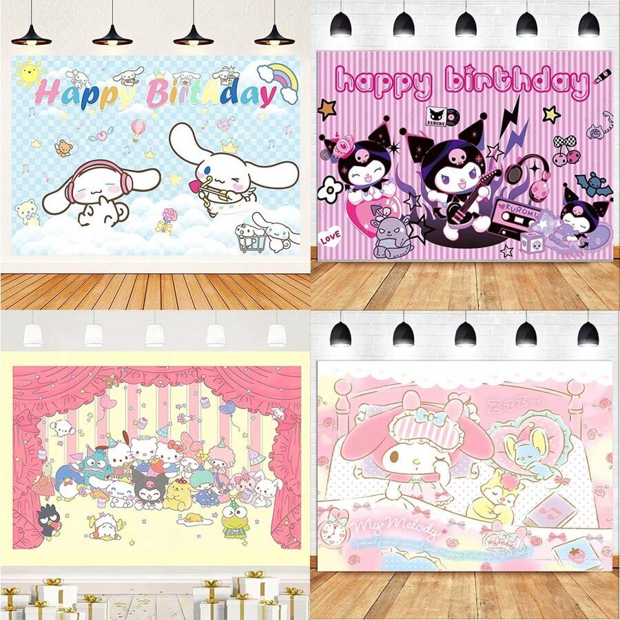 Telón de fondo decorativo de Sanrio, tela con tema de dibujos animados lindos - Hello Kitty, My Melody, Kuromi, Cinnamoroll, Pochacco, adecuado para fiestas, fotografía, interior/exterior, decoración del hogar