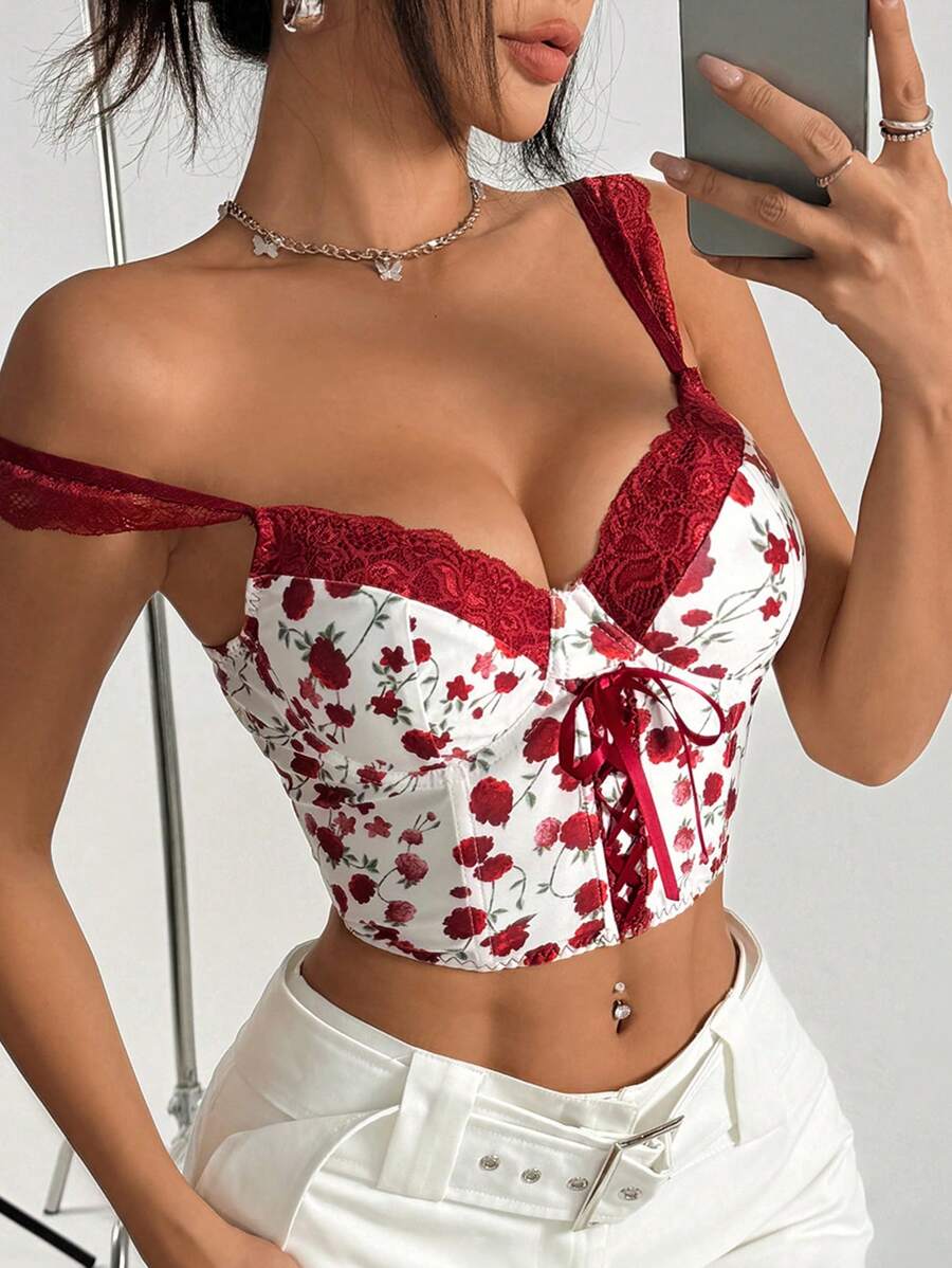 Regata curta com estampa de rosas francesas INS, respirável e desossada, com alças de amarrar, corte slim e versátil
