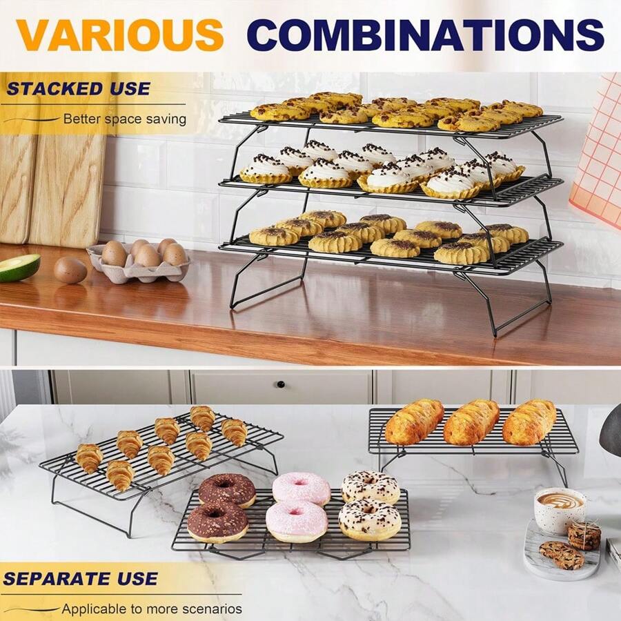 Tier Stackable Cooling Rack For Batch Cooling Cookie, Pizza, Cake- Heavy Duty Cooling Racks For Cooking And Baking, Oven And Dishwasher Friendly Baking Supplies-Black